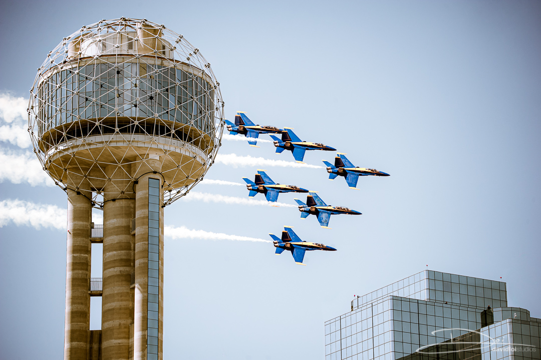 Blue Angels flying past Reunion Tower in Dallas