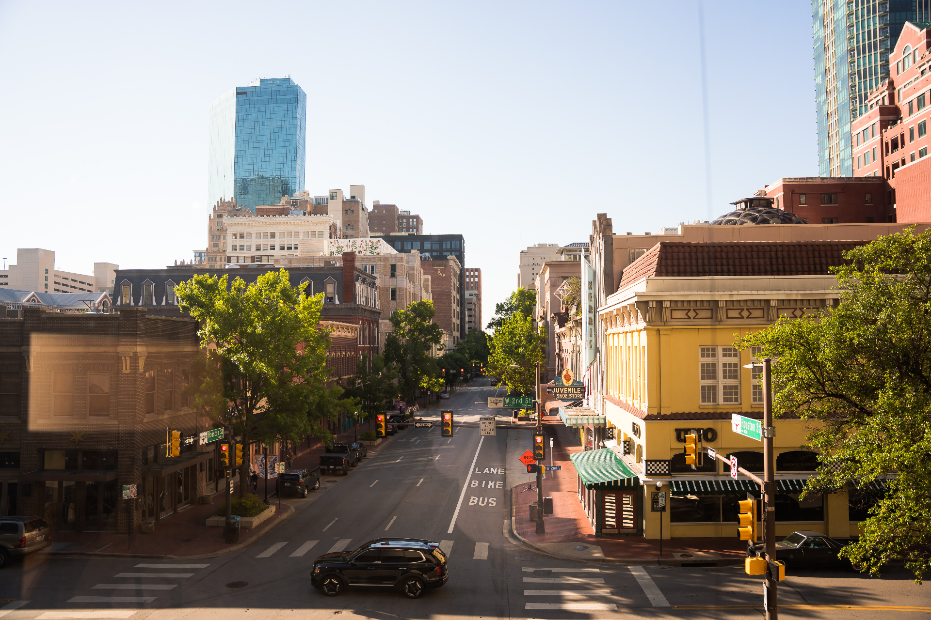 Golden hour on Houston Street in downtown Fort Worth